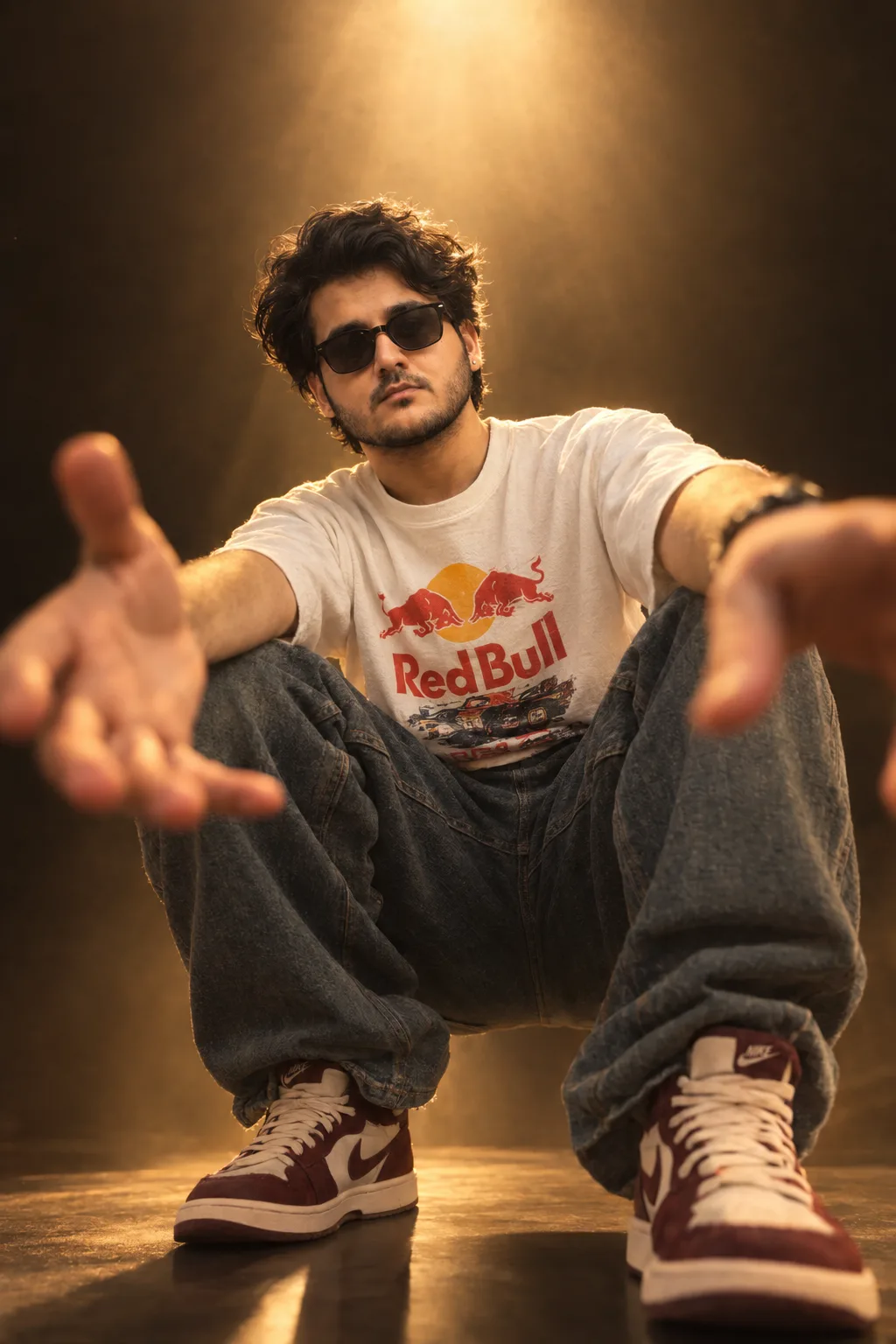 A cinematic, low-angle, close-up portrait of a stylish young man with curly dark hair, wearing black sunglasses and a white Red Bull