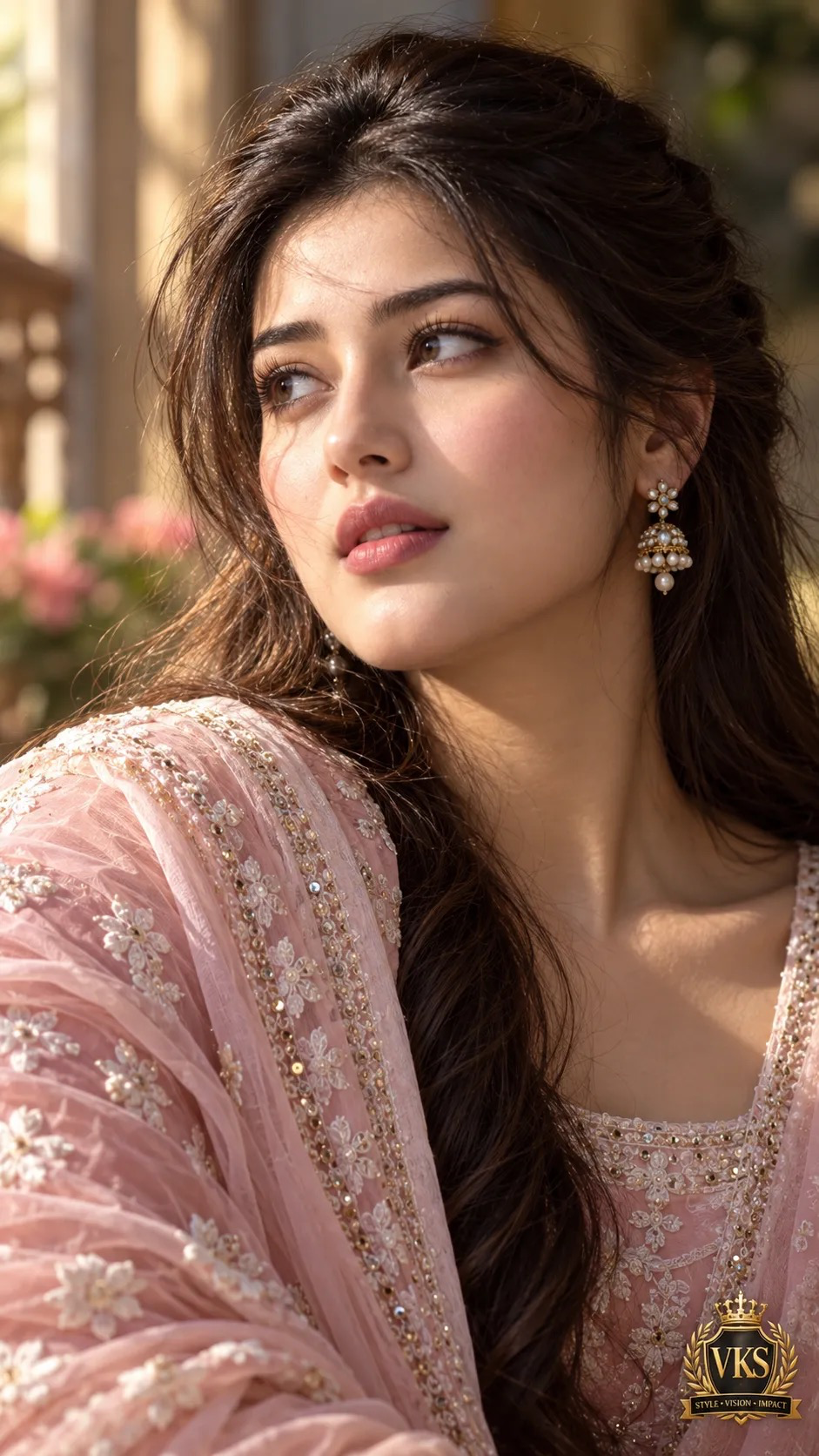 A photorealistic close-up portrait of a young adult South Asian woman wearing an elegant blush-pink traditional outfit with intricate