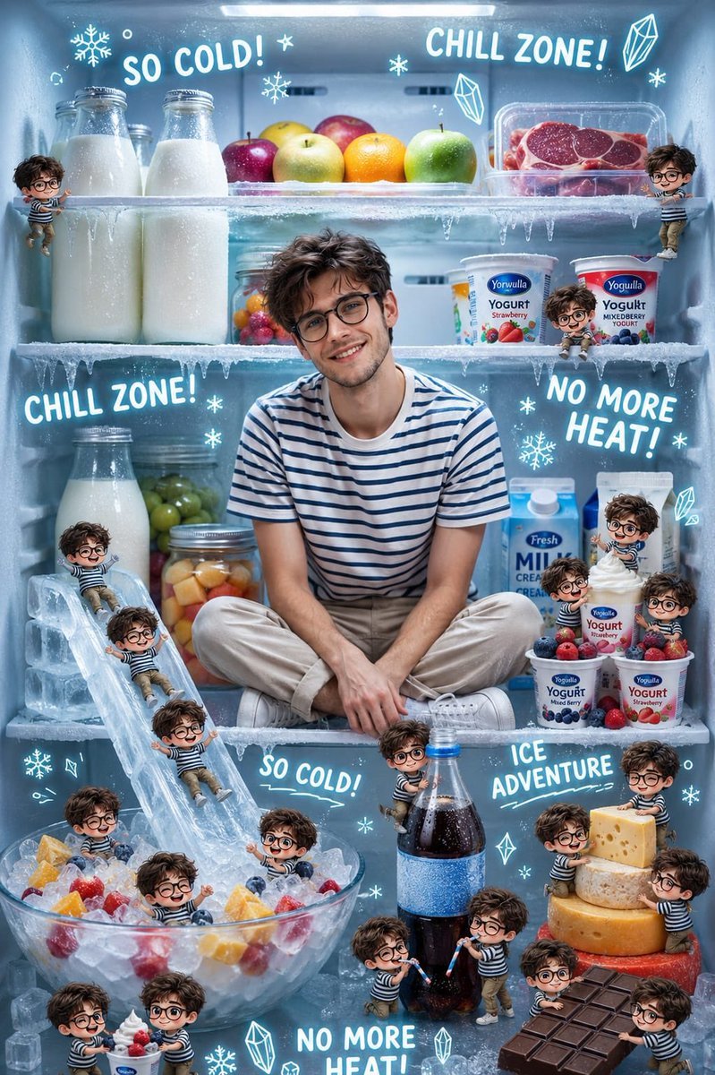 Gpt image 2.0 on chatGPT Prompt : Ultra-realistic whimsical fantasy scene inside an open refrigerator transformed into a playful frozen