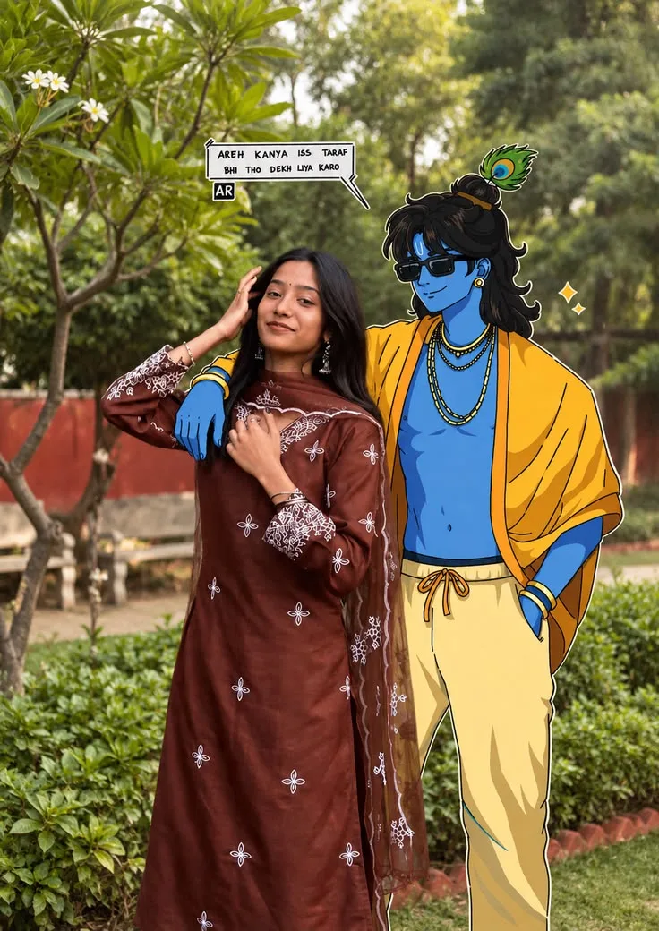 Create a highly realistic cinematic outdoor portrait featuring a young Indian woman standing naturally beside a stylish 2D cartoon-style