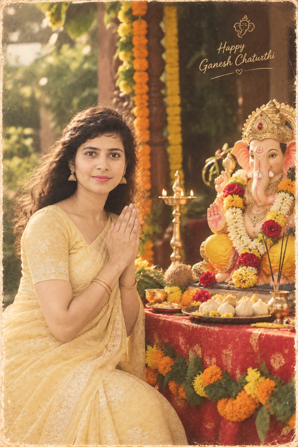 Create an ultra-realistic, breathtaking Indian Ganpati festival photograph with a warm nostalgic cinematic atmosphere.