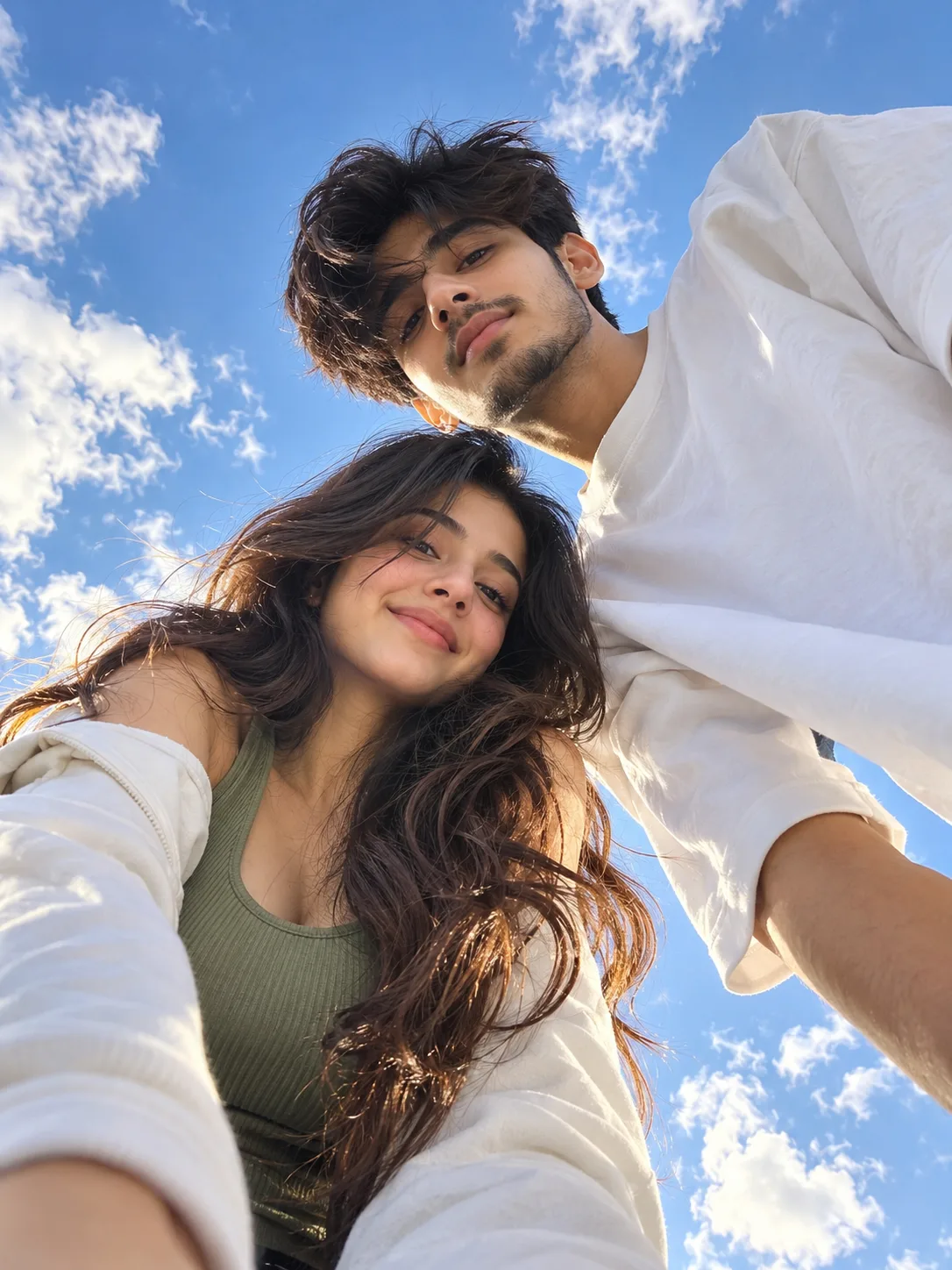 Ultra-realistic low-angle couple selfie, smartphone photography, captured from below with the camera placed on the ground pointing upward.