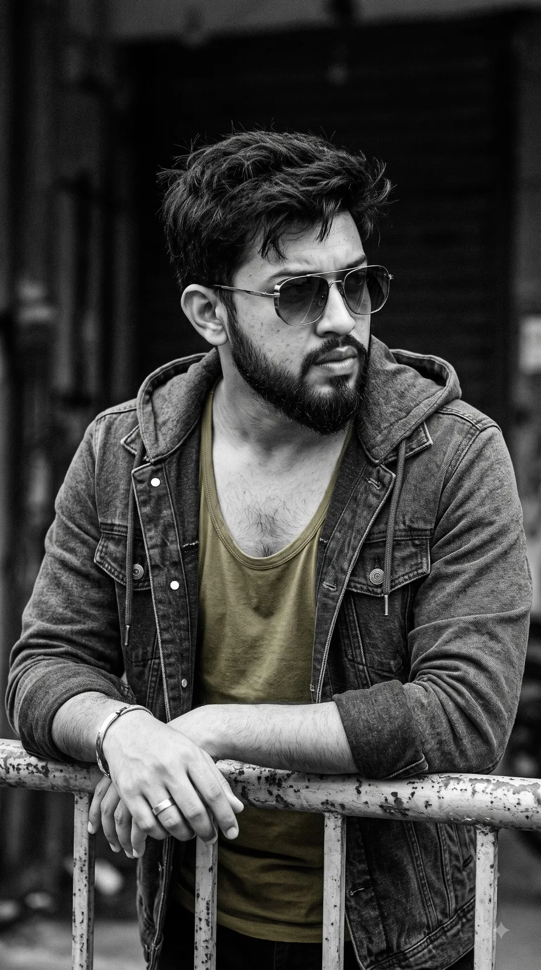 A black and white, gritty portrait of a man with a beard and messy hair, looking intensely to the right.