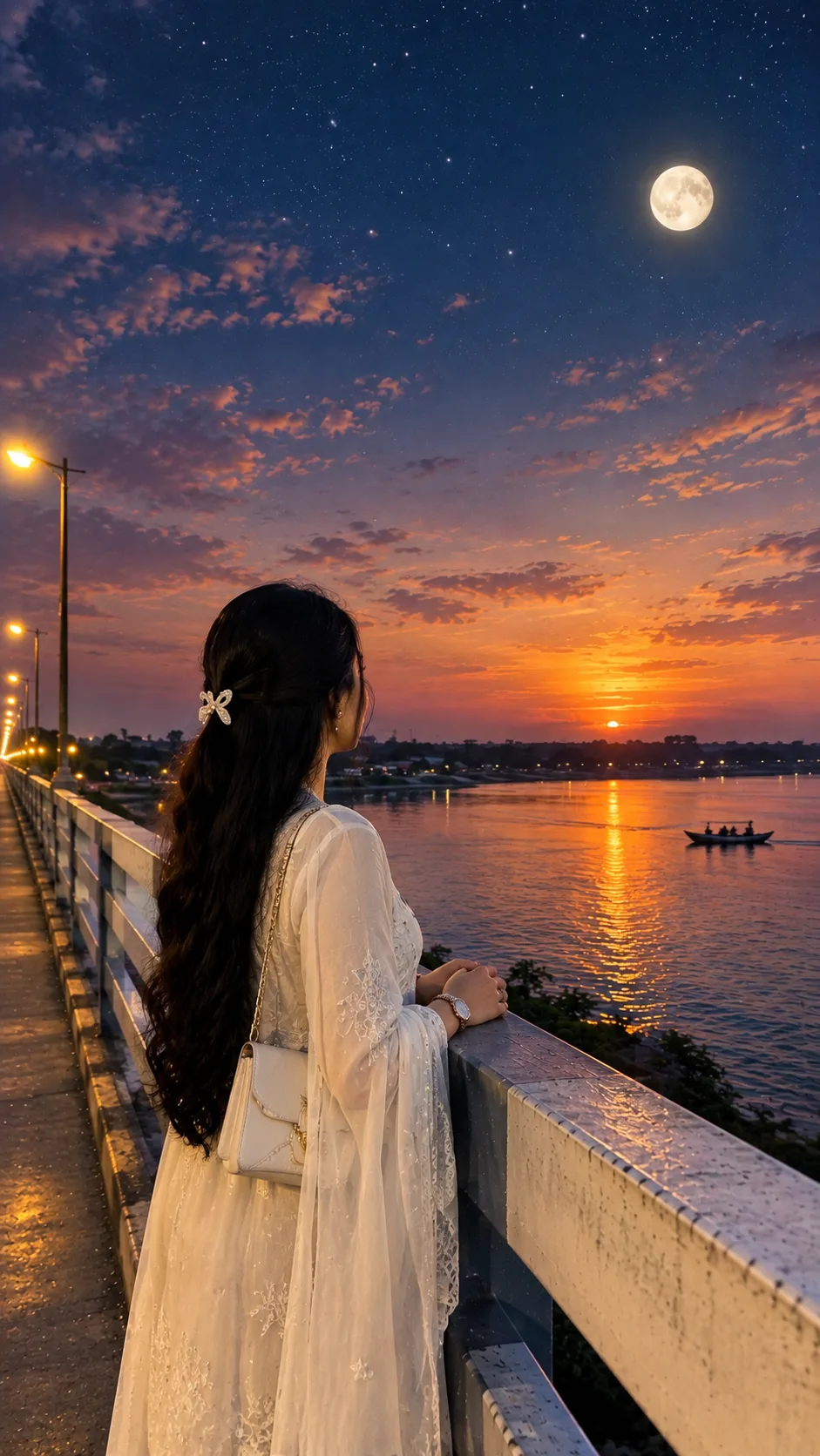 A beautiful young South Asian woman standing on a bridge over a wide peaceful river, facing the camera with a soft natural smile.
