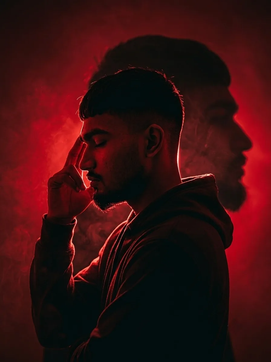 Generate an Ultra-cinematic dramatic red silhouette portrait of a young man in side profile, captured from the shoulders up, standing in a
