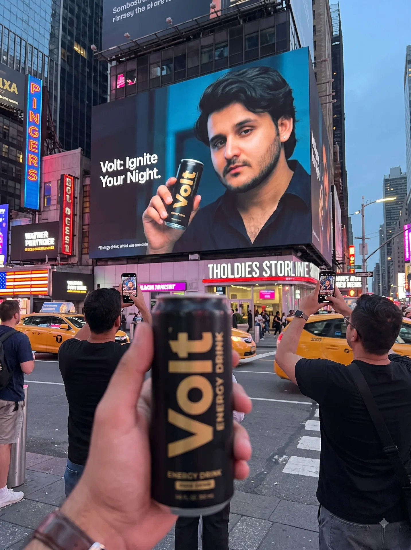 A raw candid phone snapshot on a busy Times Square street at dusk.