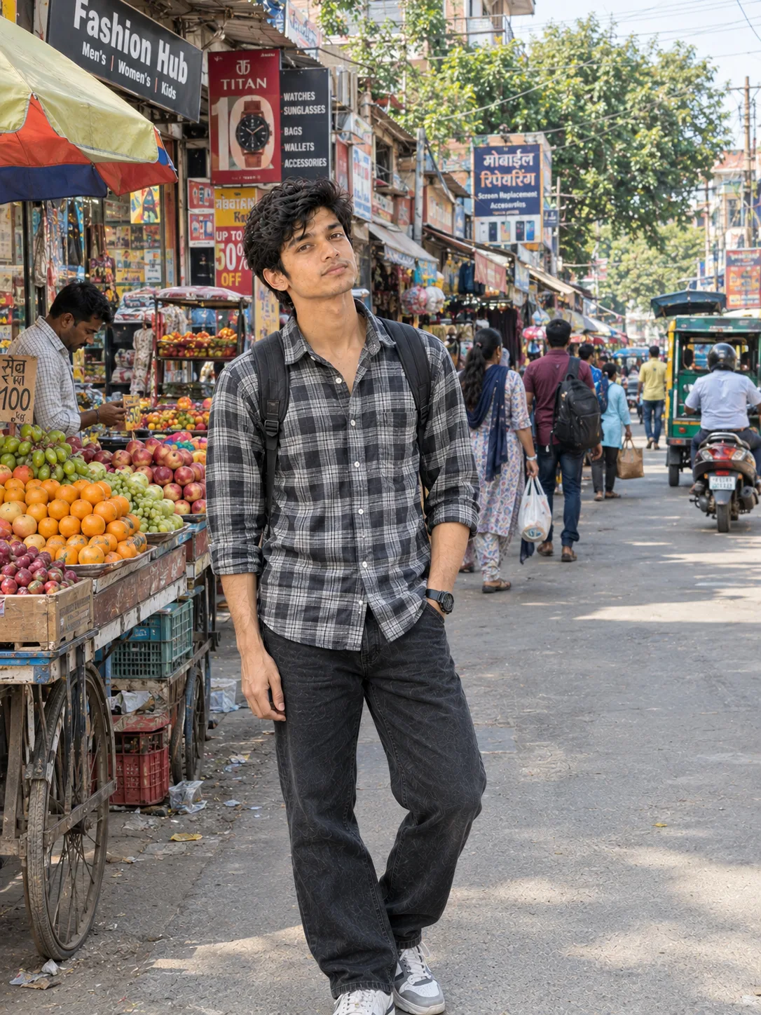 A highly detailed realistic photograph of a young man standing in a busy local market street during daytime.