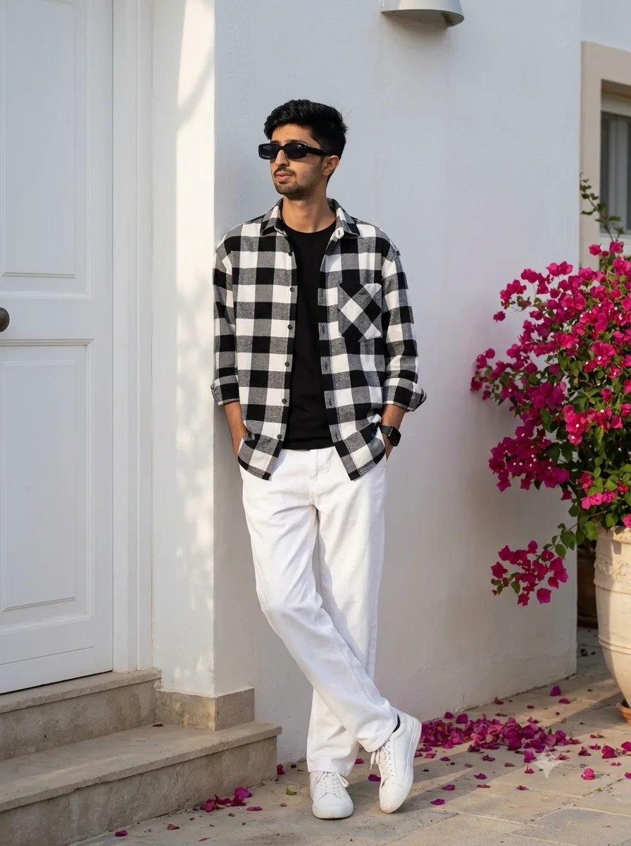 Create an ultra-realistic full-body fashion photograph of a slim young adult man standing casually outside a sophisticated