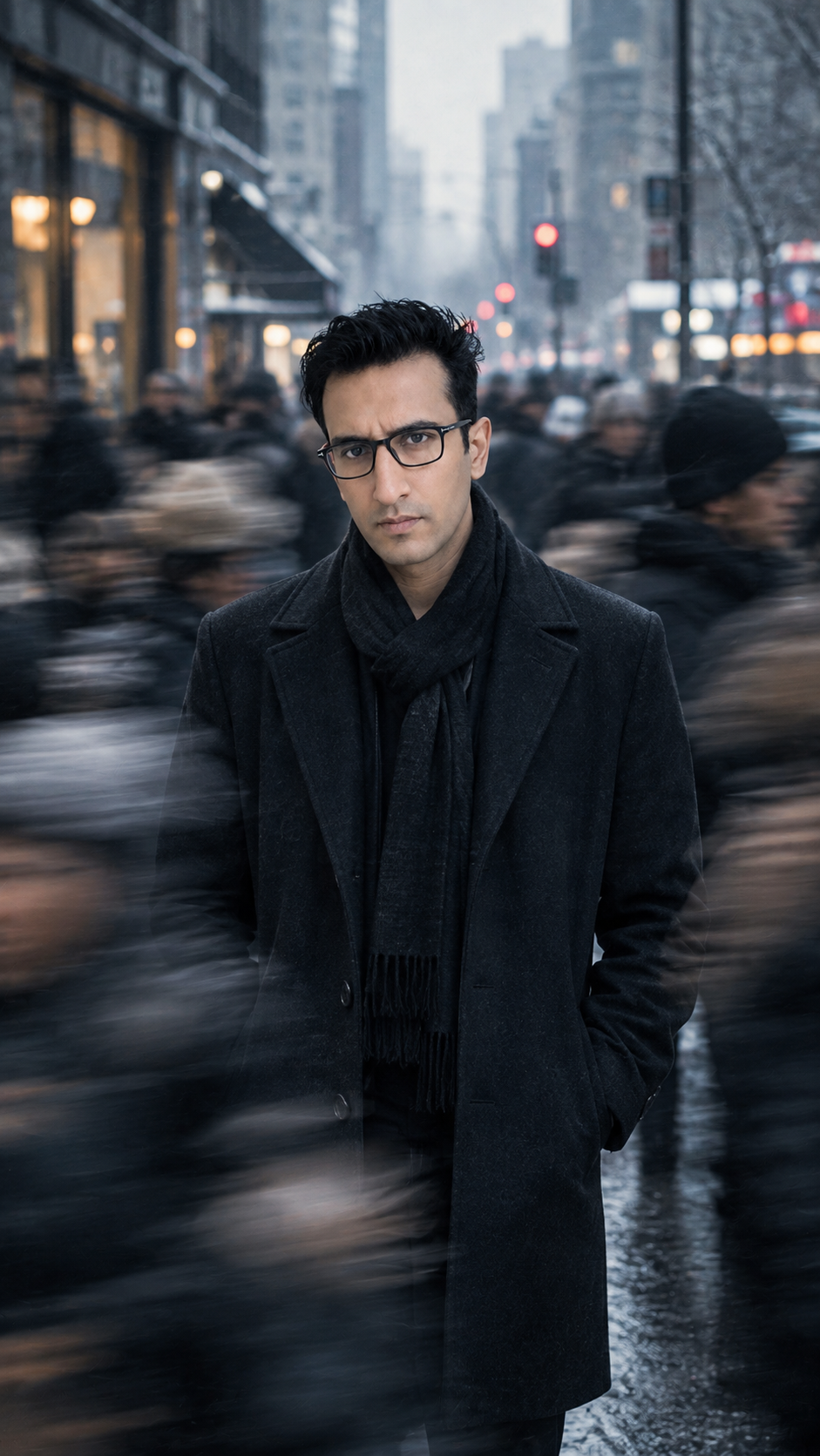 cinematic portrait of a young man standing still in the middle of a crowded city street, people moving around him in heavy motion blur,