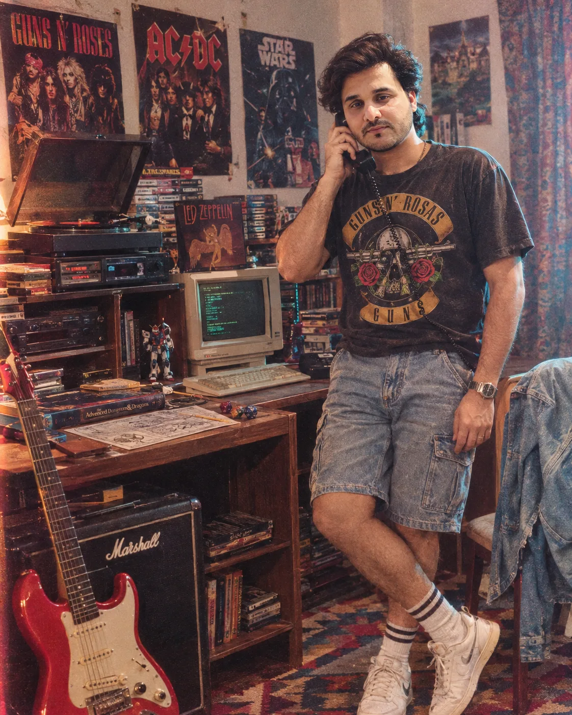 Crie uma fotografia editorial nostálgica ambientada no final dos anos 80, em formato vertical 4:5, imagem única, single frame, sem colagem.