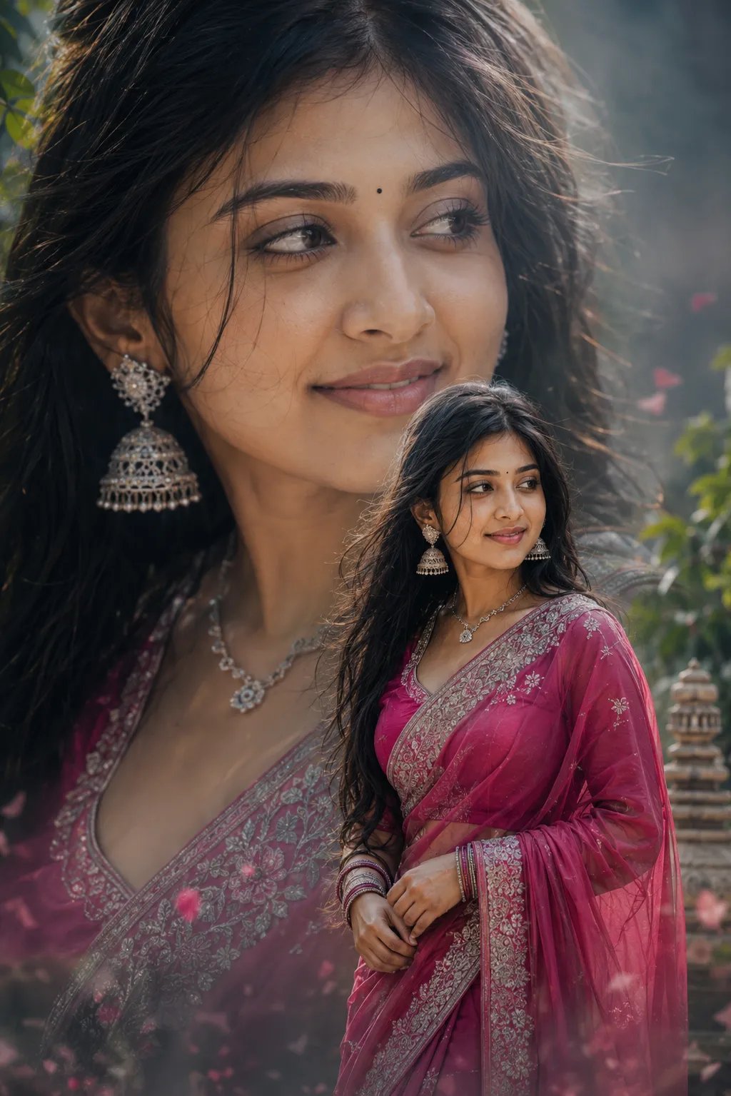Ultra-realistic cinematic double exposure portrait of a beautiful young South Asian woman with long silky black hair, glowing fair skin, a