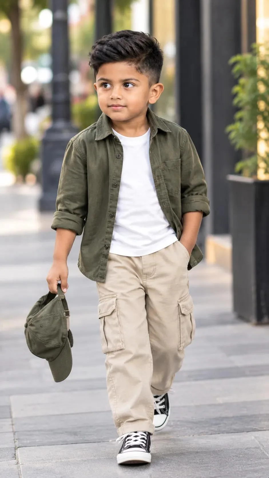 A photorealistic, full-body fashion editorial shot of a young boy walking on a city sidewalk.