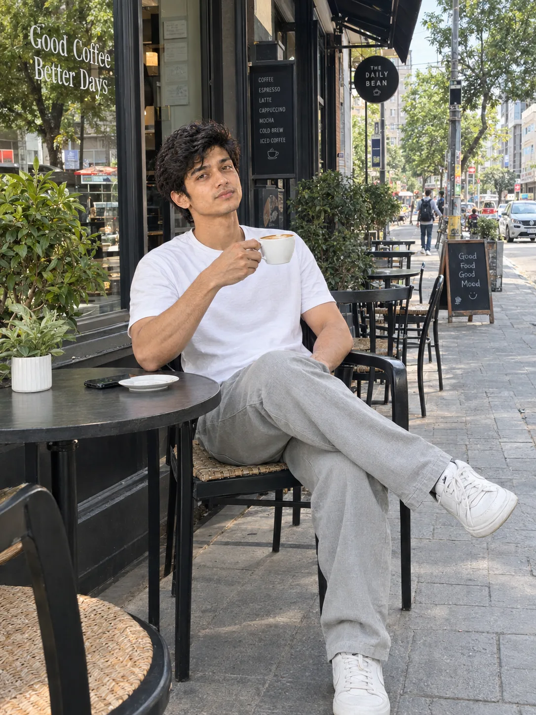 A highly detailed realistic photograph of a young man sitting at an outdoor cafe table during daytime.
