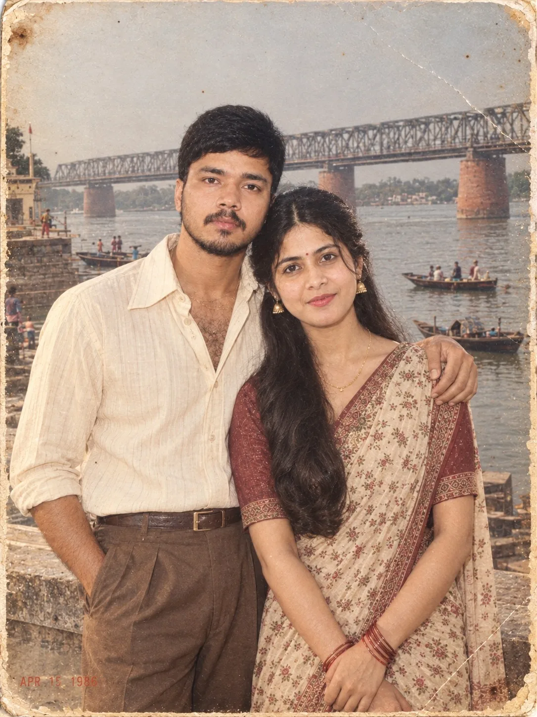 Create an ultra-realistic vertical 1980s Indian couple photograph beside a riverside ghat, captured like a genuine physical colour
