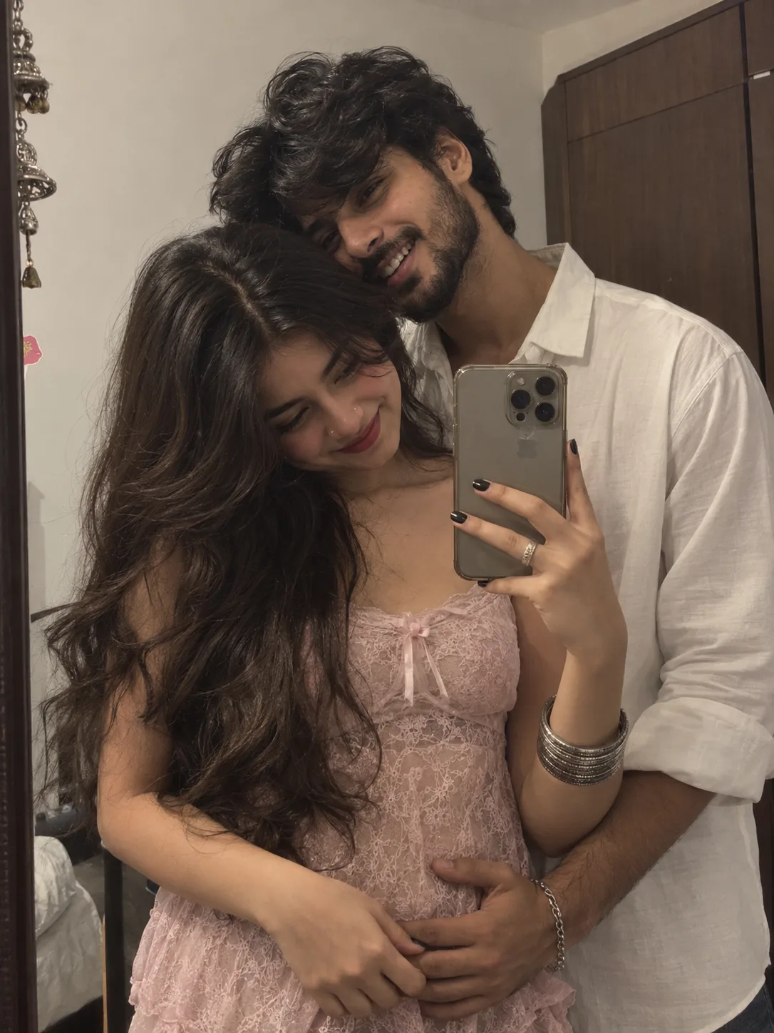 A hyper-realistic, 8k resolution, raw photorealistic mirror selfie of a young couple, waist-up mid-shot framing.