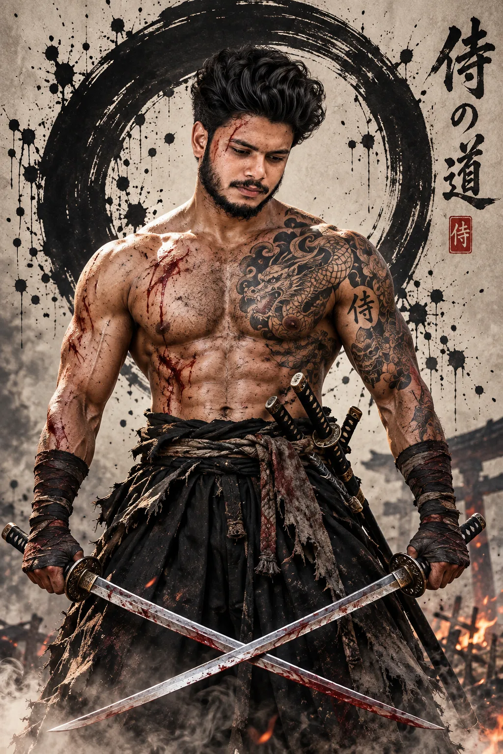 PROMPT: Ultra-realistic cinematic portrait of a powerful young South Asian male warrior standing in a battle-worn environment, framed in a