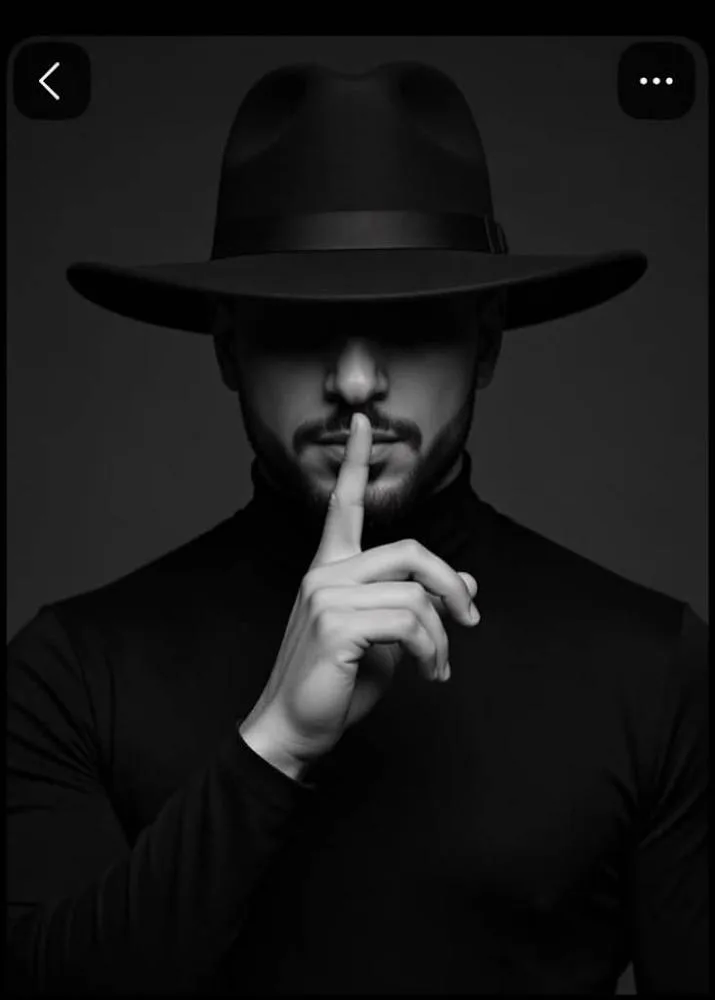 A professional black and white studio portrait of a mysterious man.