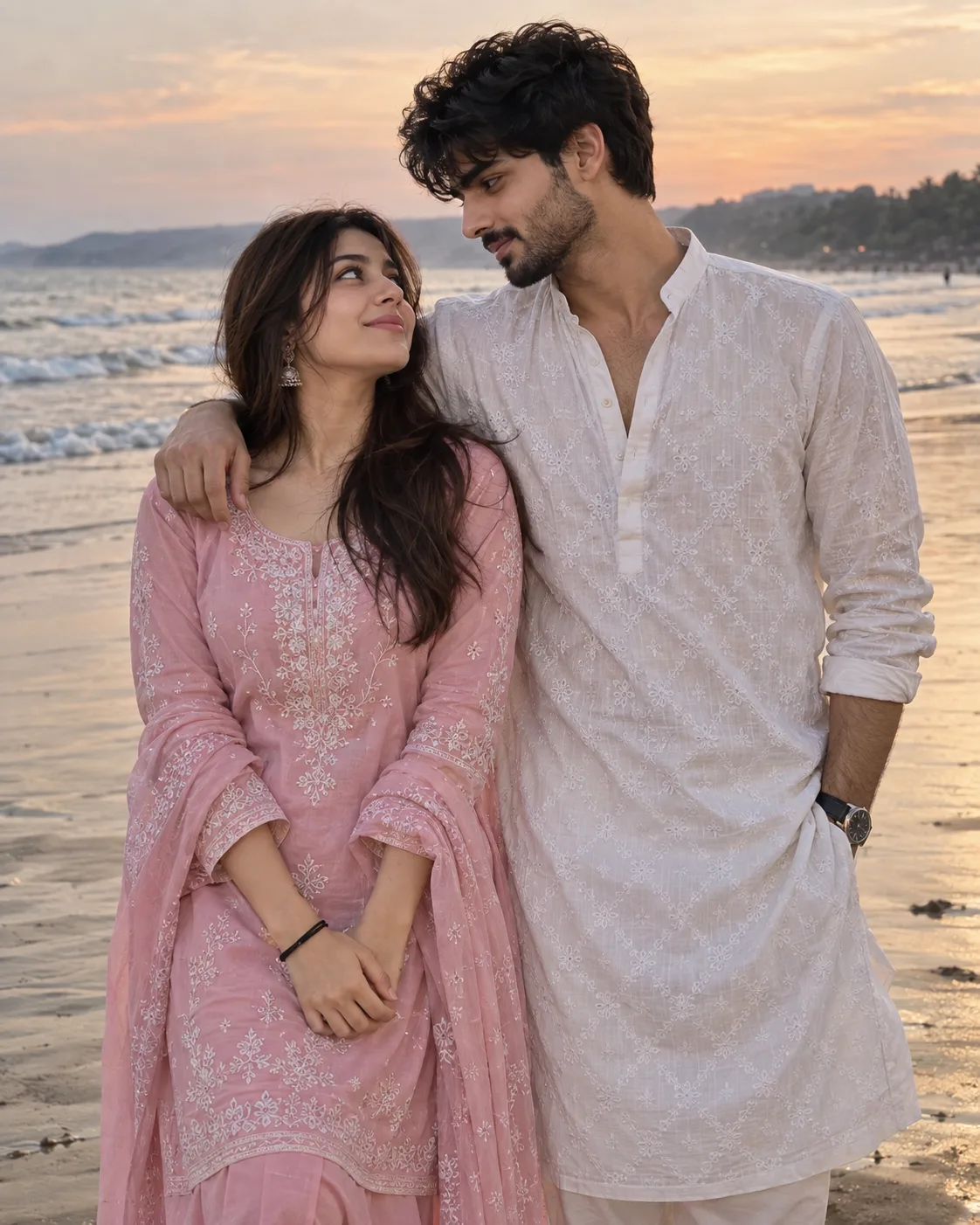 DSLR-quality vertical 4:5 portrait recreating the provided reference: a young couple standing mid-thigh up on a wet sandy beach near the