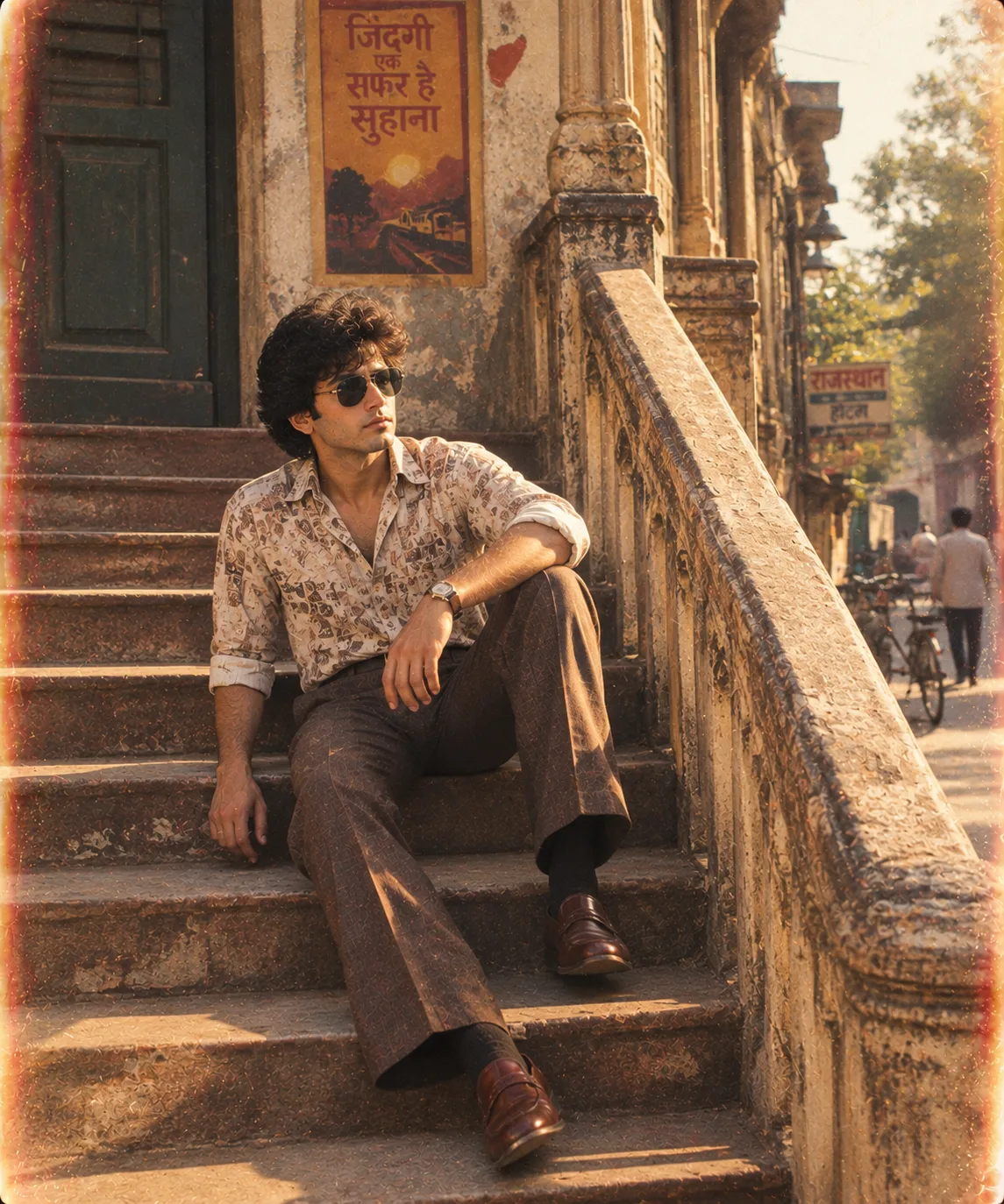 Photorealistic cinematic 1980s Indian scene featuring a young person sitting casually on the steps of an old weathered building.