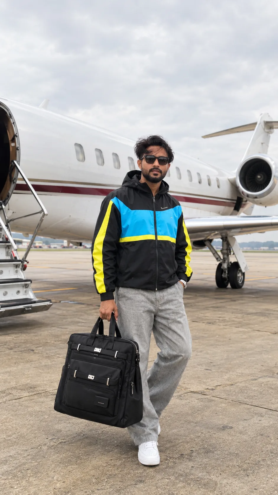 Create an ultra-photorealistic, high-end cinematic vertical 9:16 full-body luxury travel fashion photograph, closely recreating the
