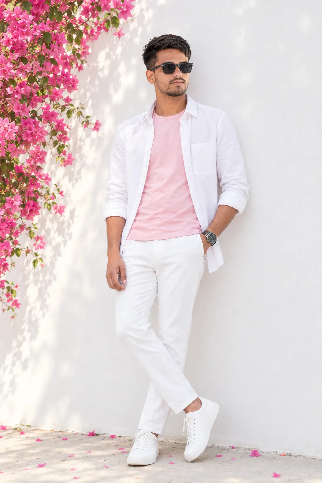 Create a highly realistic full-body fashion portrait of a stylish young South Asian/Indian man standing casually and confidently against a