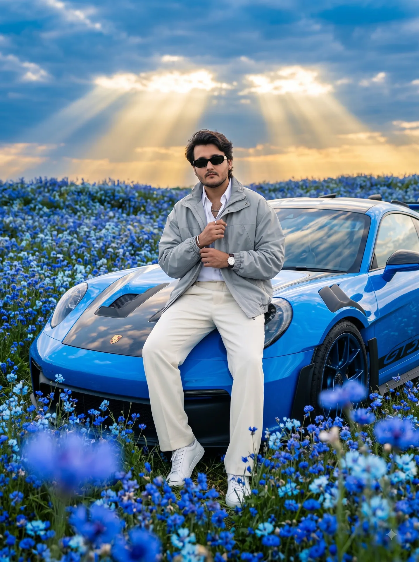 Ultra-cinematic luxury automotive editorial portrait of me sitting casually on the front edge of a vivid electric-blue Porsche 911 GT3 RS