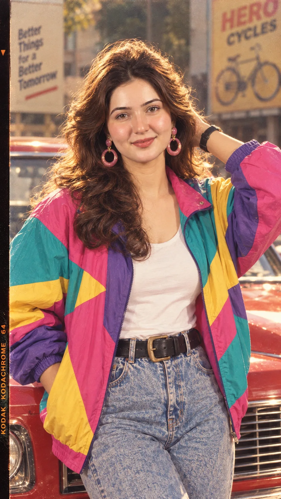 perfect facial details as reference image, A medium shot of a stylish South Asian woman in an authentic 1980s retro aesthetic, posing