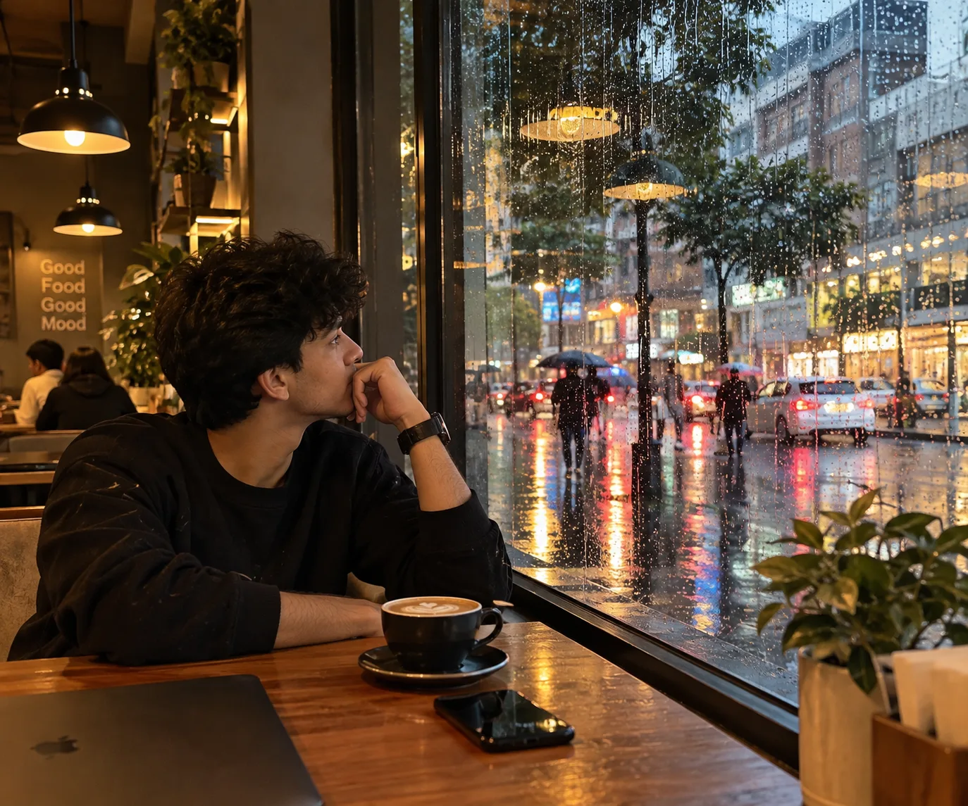 Photorealistic cinematic scene of a cozy modern café viewed through a large rain-covered window, a warm cup of coffee placed on a wooden