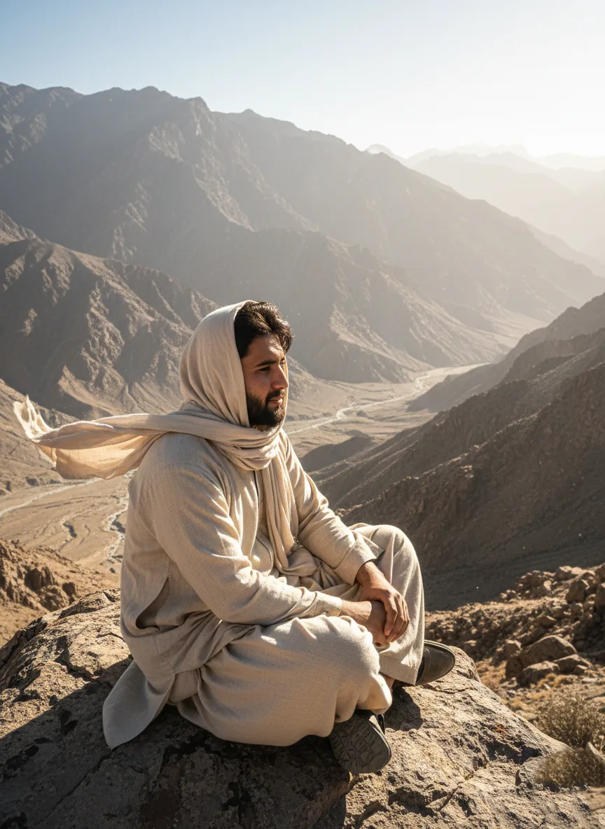 Prompt A traveler(face 100% match) sits on a rock at the edge of an Afghan mountain valley.