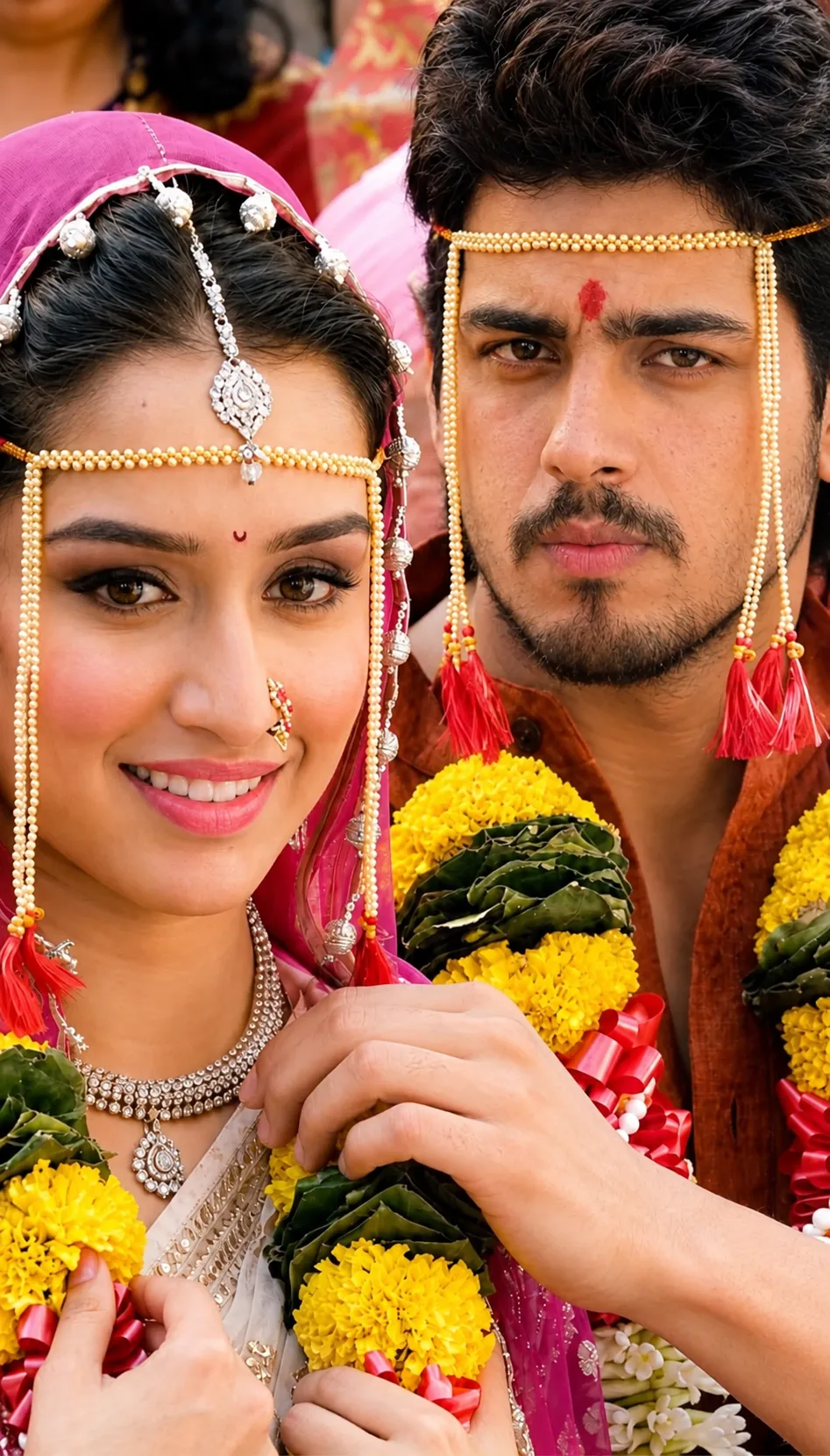 Ultra-realistic vertical close-up portrait of a young South Asian couple dressed in traditional Indian wedding attire, captured in an