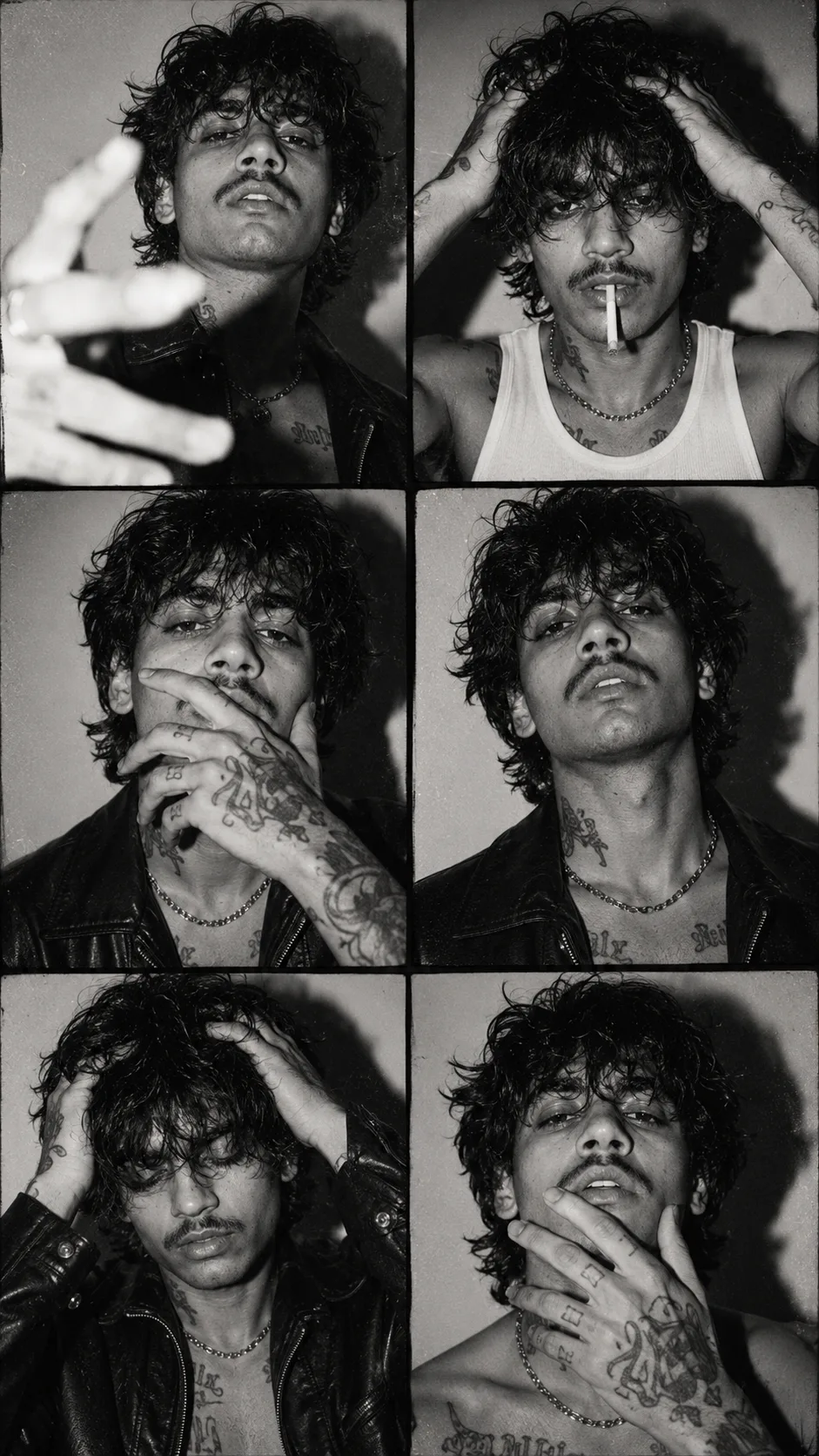 Create an ultra-realistic black-and-white vintage editorial contact-sheet collage that closely recreates the provided reference image,