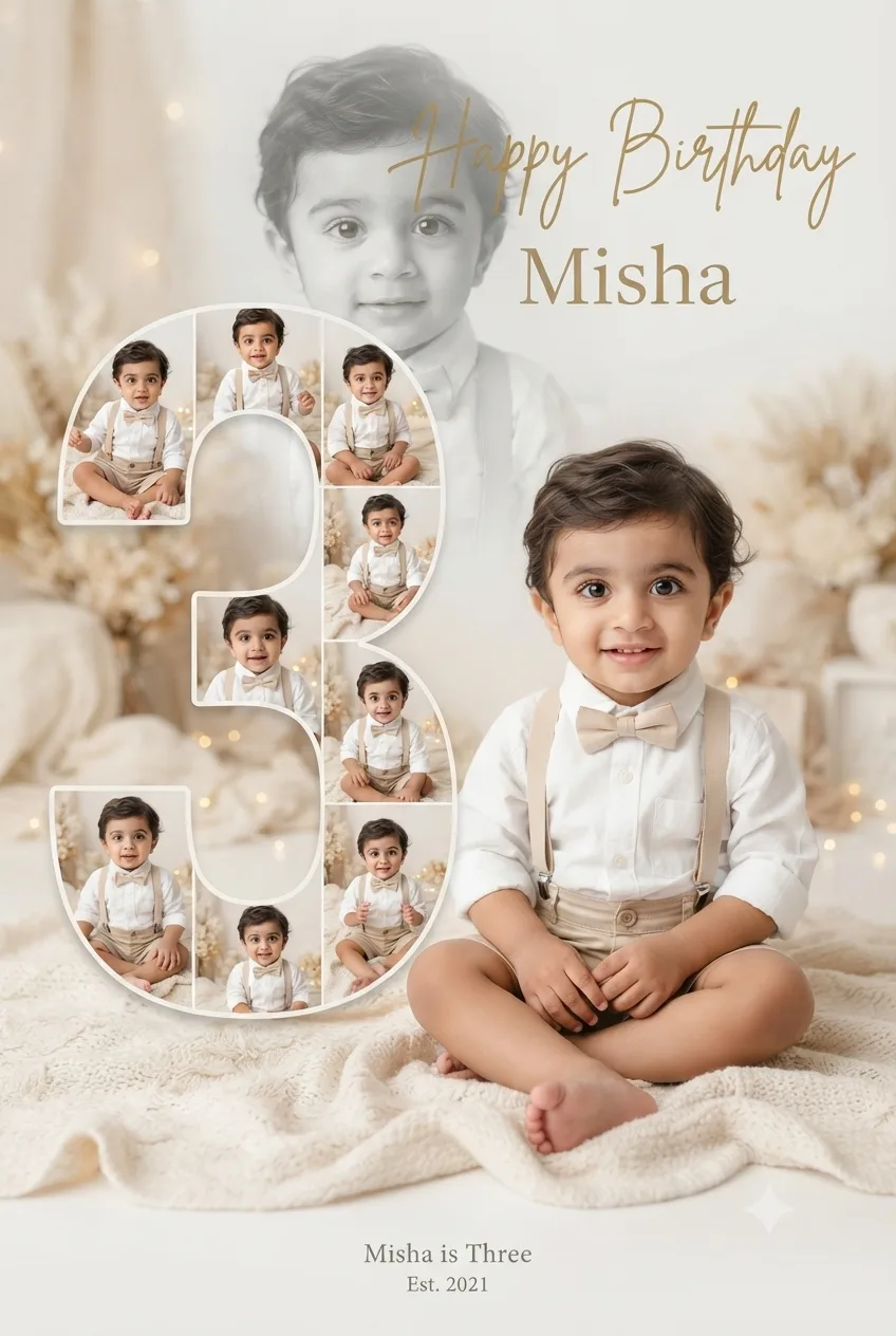 Cute baby boy 3rd birthday collage poster, soft white and beige aesthetic, adorable Indian baby boy with big eyes and cute smile, wearing
