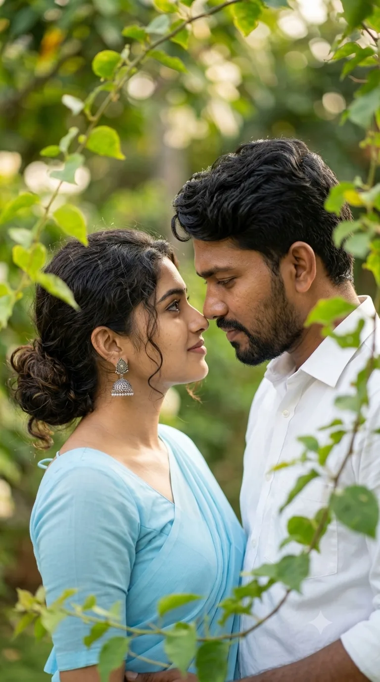 “Ultra-realistic romantic portrait of a young Indian couple standing very close together in a lush green forest, surrounded by dense