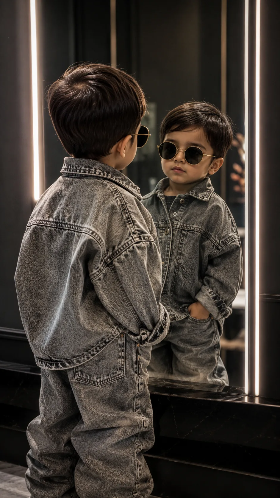 Use reference photo to create an ultra realistic cinematic vertical portrait of this toddler with the same facial features and expression.
