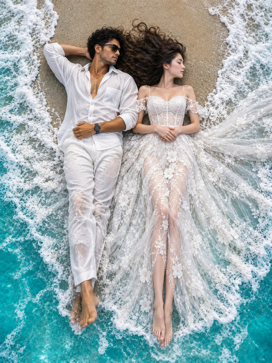 Prompt: Ultra-realistic aerial beach couple portrait, top-down drone view, full-body composition, a handsome young man and a beautiful