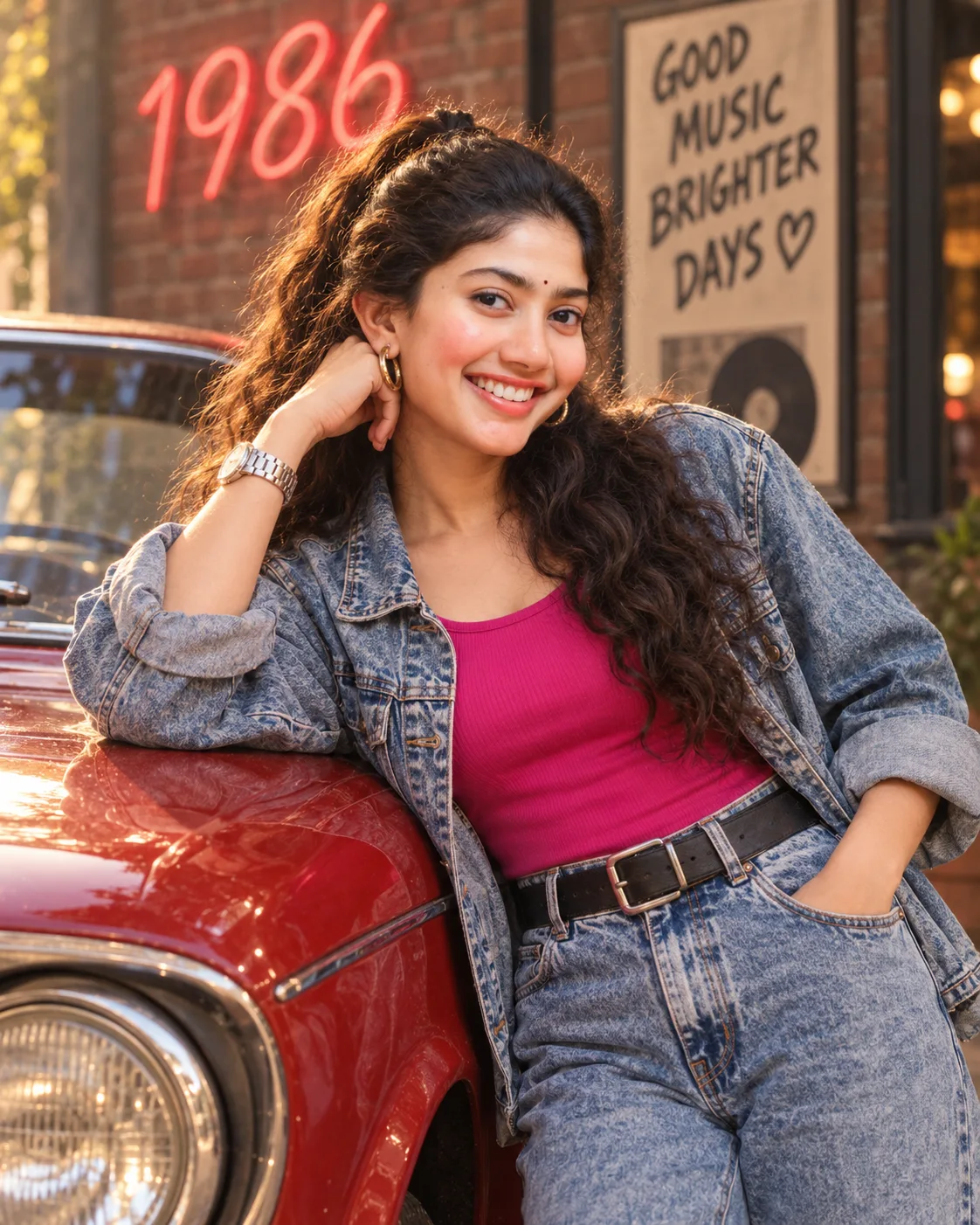 Turn Uploaded Image Into A medium eye-level shot of the young woman leaning casually against the hood of a vintage red car.