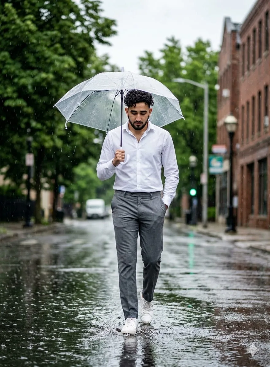 Create a highly realistic cinematic monsoon portrait of a stylish young Indian man walking on a wet city road during heavy rain.