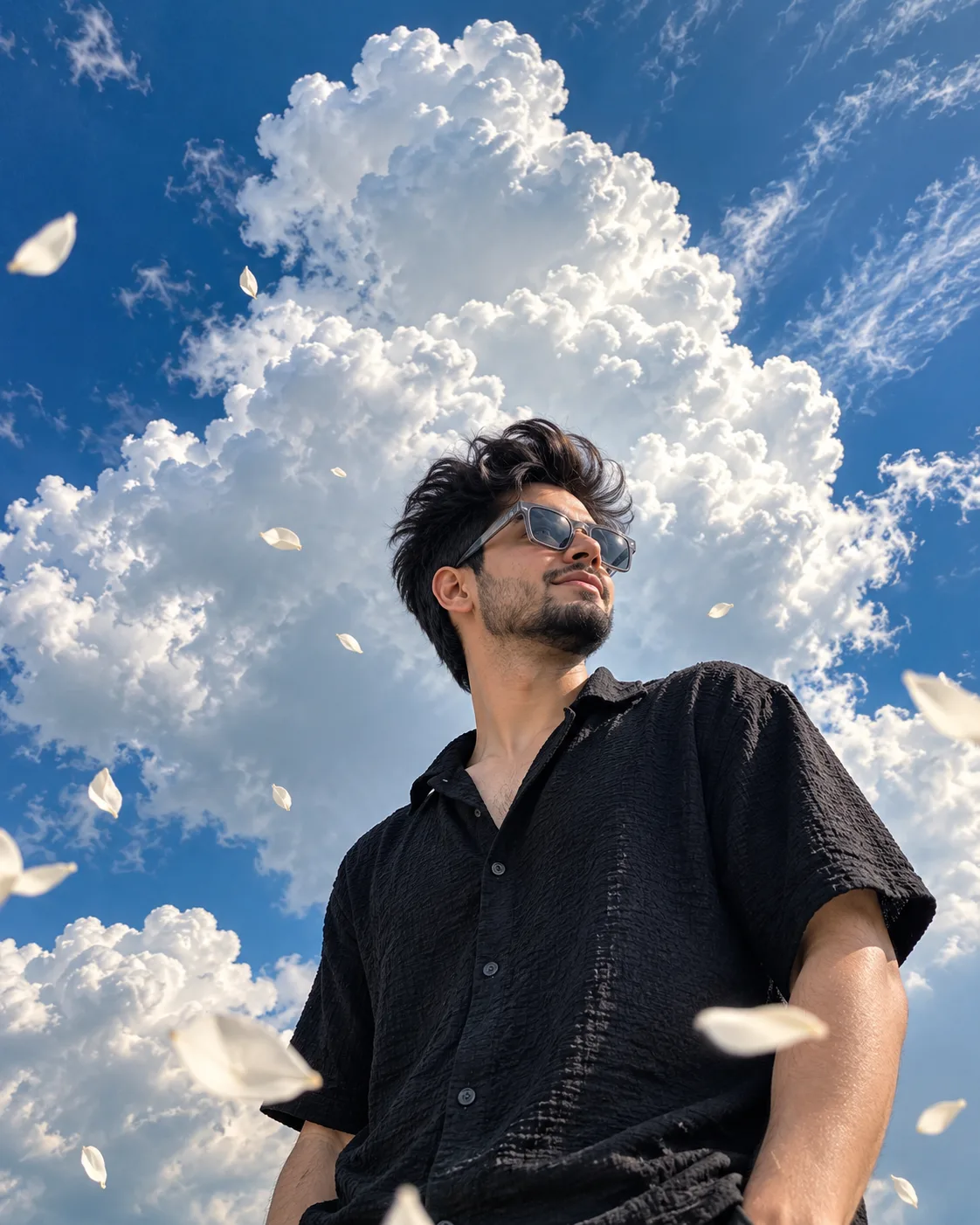 Create an ultra-realistic cinematic low-angle portrait using the uploaded photo only as the strict facial identity reference.