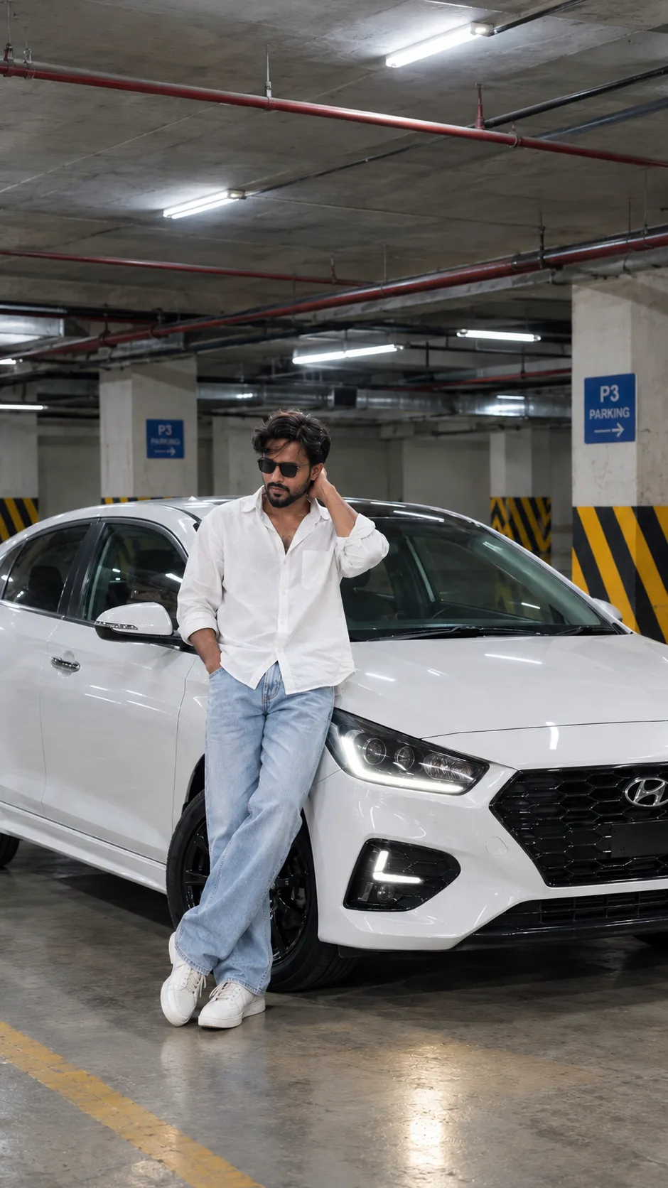 🔥 Viral AI Photo Prompt – White Sedan Parking Garage Look Create an ultra-realistic, premium cinematic full-body fashion photograph of a