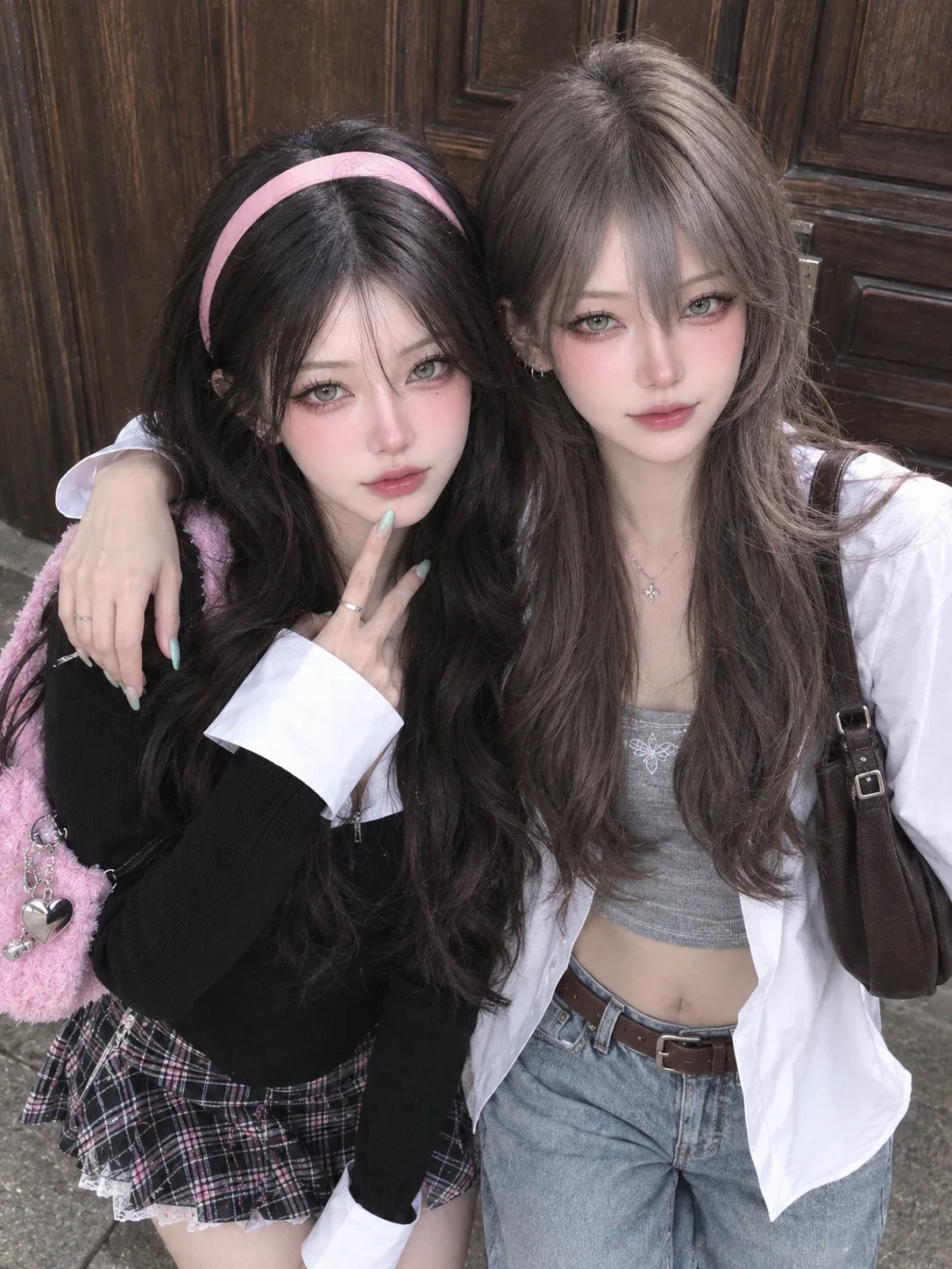 Ultra-realistic candid street style photo of two young women in Y2K/Korean fashion against grand wooden doors.