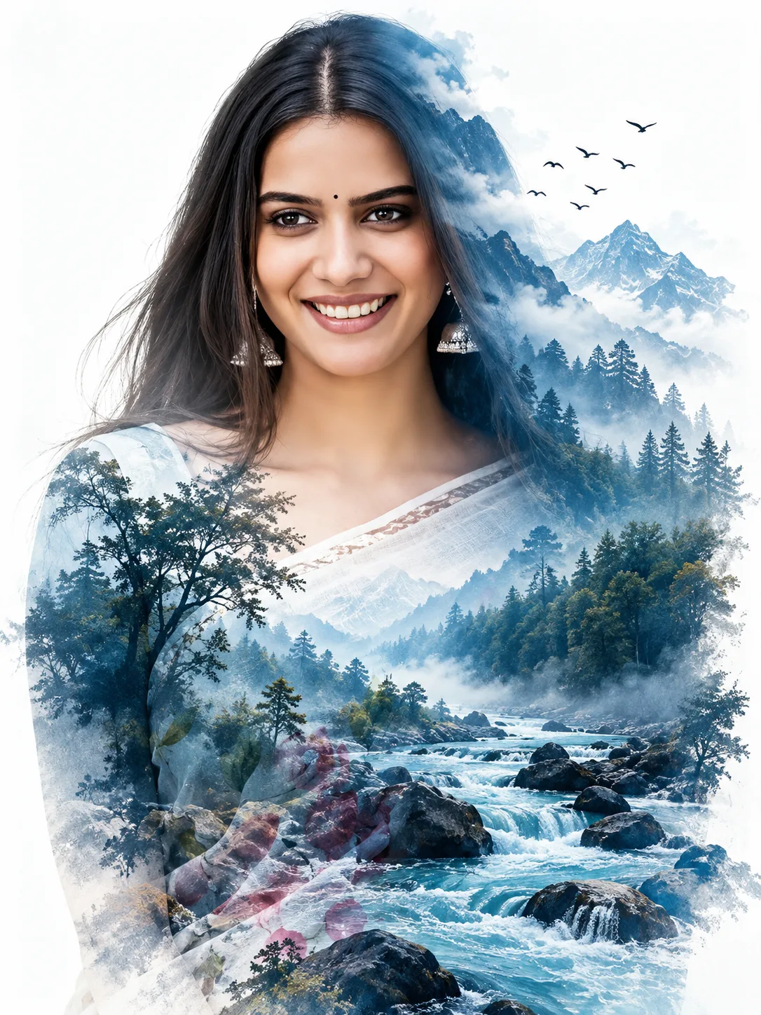 Create a hyper-realistic cinematic double-exposure portrait using the uploaded photo as the main identity reference.