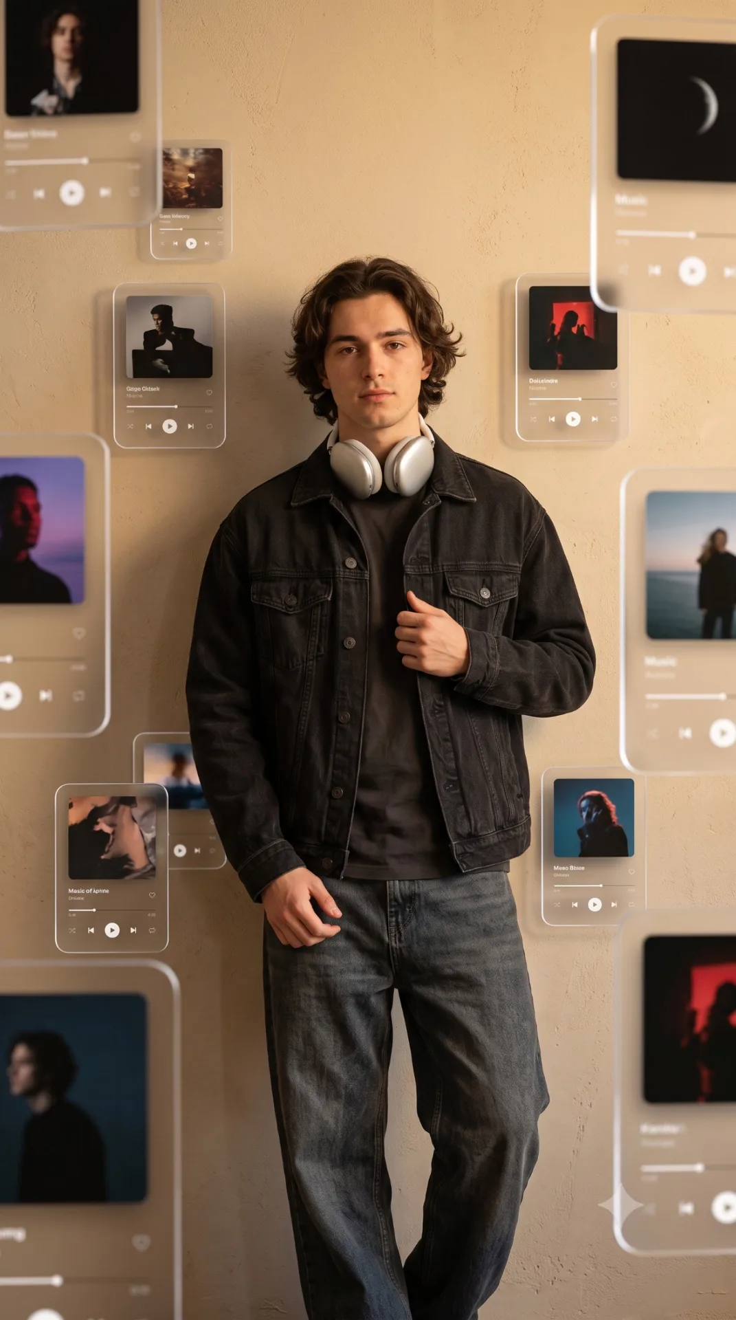 Create a highly realistic 4K vertical portrait of a young male model standing casually against a warm beige textured wall, matching the