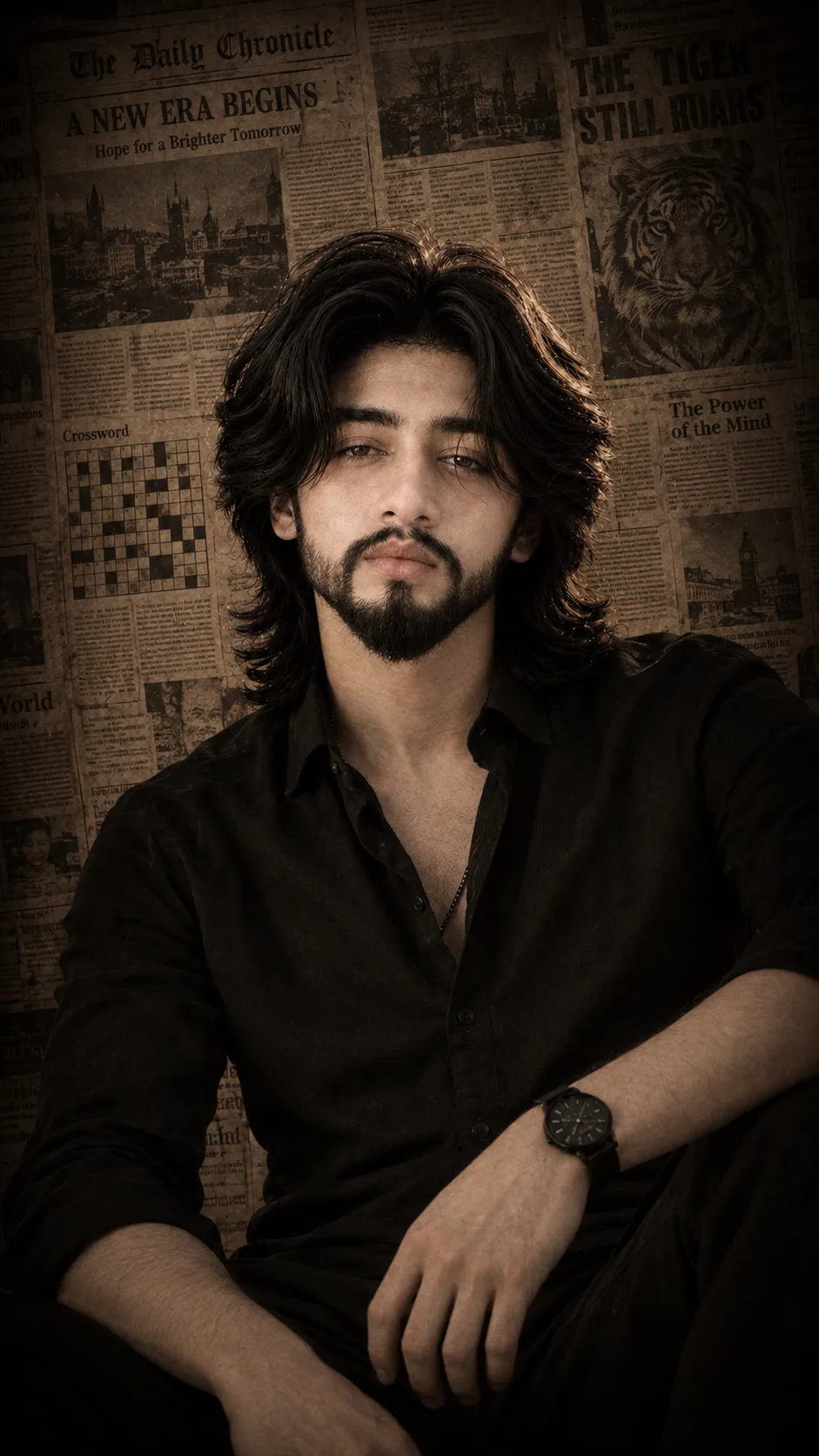 A head and shoulders portrait photo featuring a subject with voluminous, wavy shoulder-length dark brown hair and a well-groomed dark