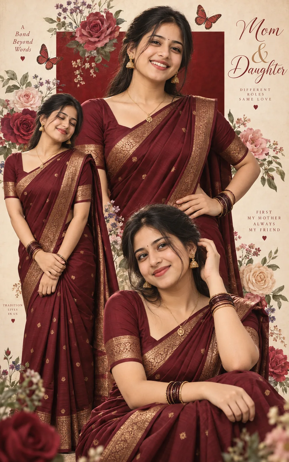 Create a highly realistic, ultra-detailed vertical cinematic fashion portrait collage of an Indian mother and daughter, closely matching