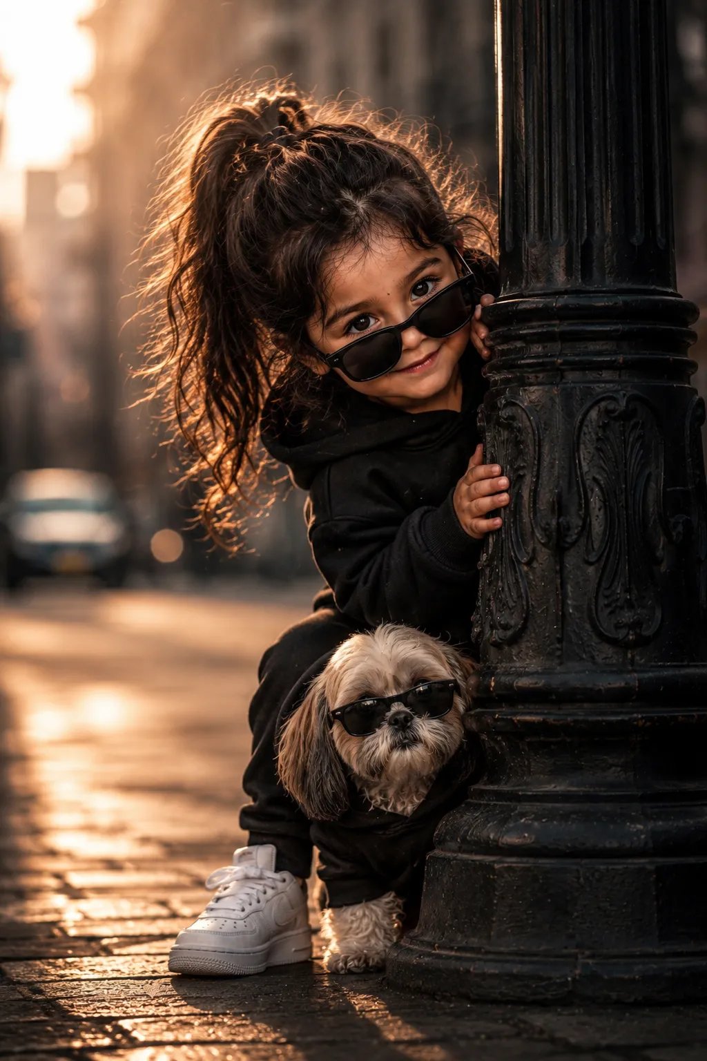 MR. RAVI PRONT ⤵️ Pixar-style 3D render of a curious little girl peeking behind a vintage lamppost, wearing black @uk_ravi_hr sunglasses,
