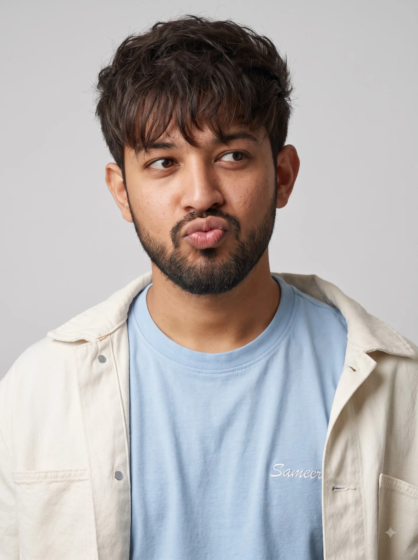 A close-up studio portrait of a young Indian boy with upload image Face don't change my reel glass skin face, male idol with dark brown
