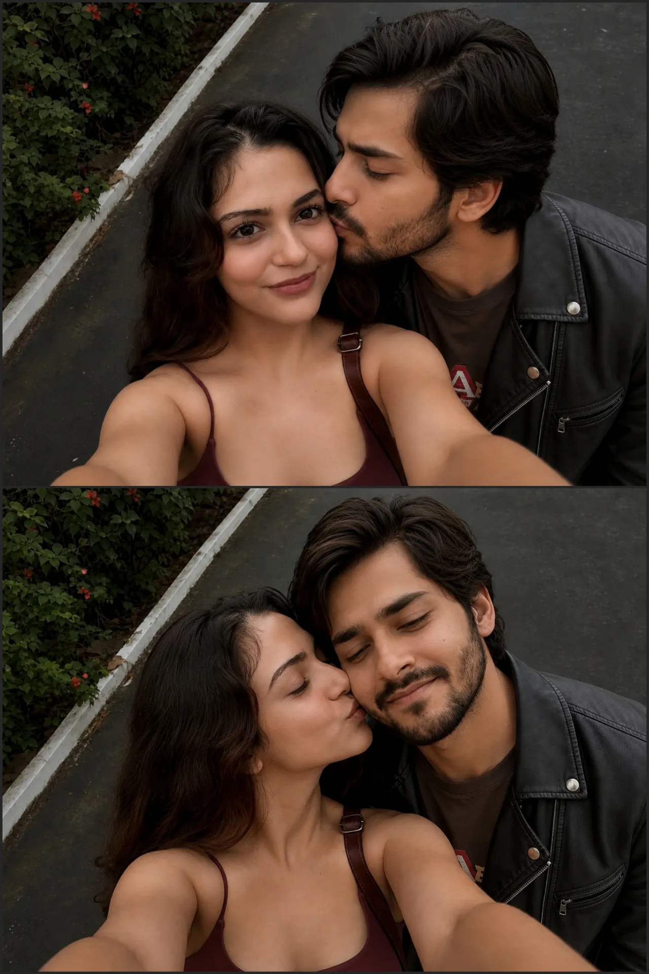 A young Indian couple taking a close-up selfie outdoors on a paved road next to green bushes with small red flowers.