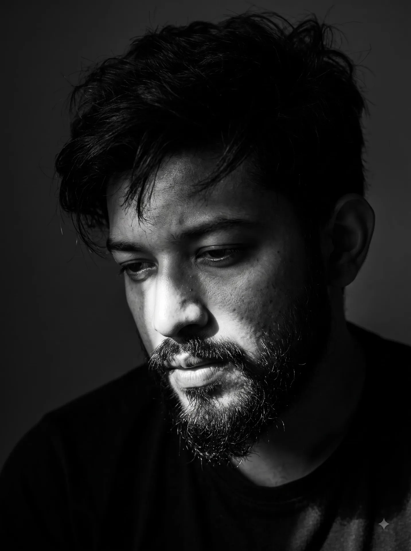 Close-up black and white portrait of a man use image face reference with messy hair and a rough beard, staring downward with a pensive
