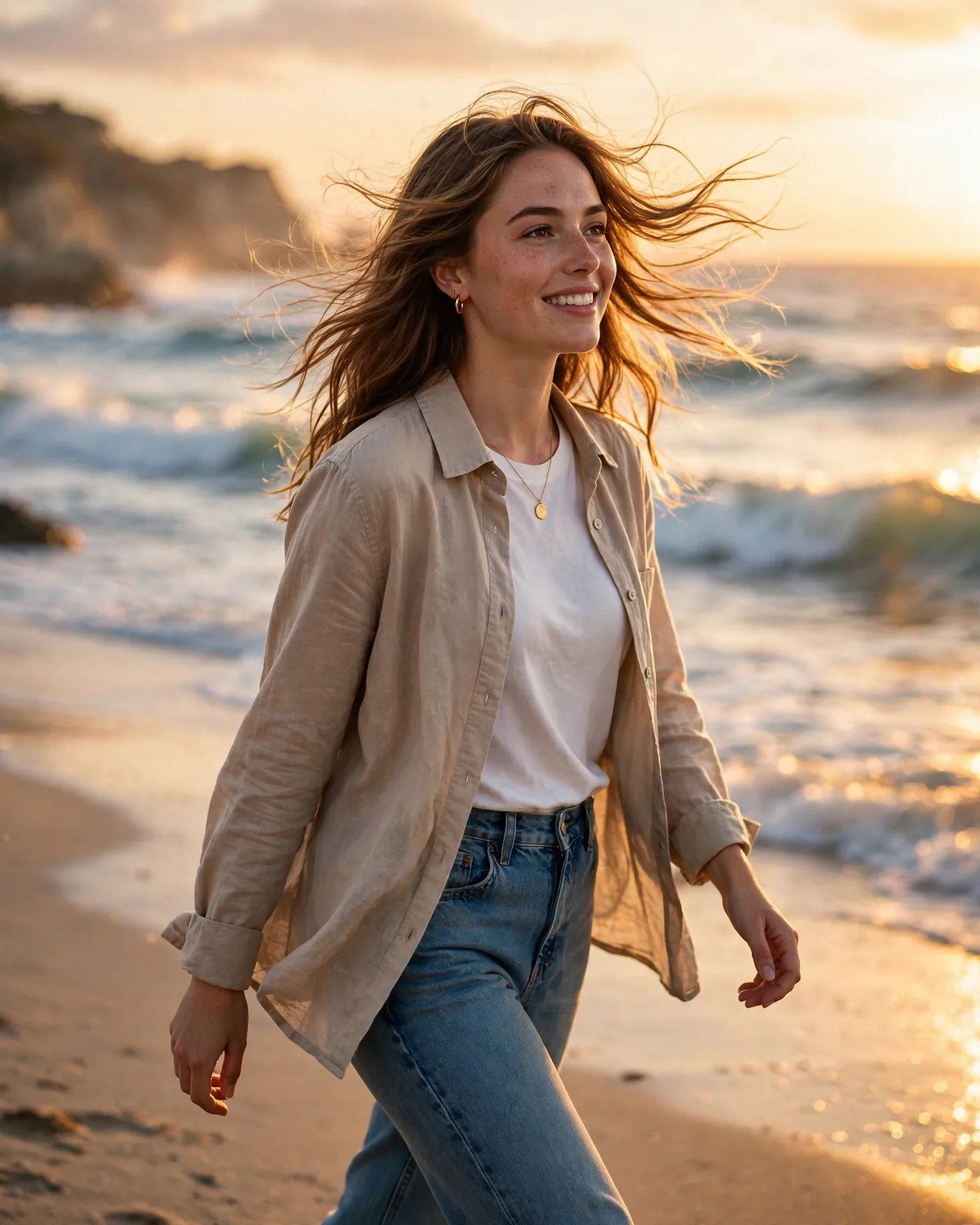 Ultra-realistic portrait of a young adult woman walking beside a beautiful beach during golden sunset, elegant casual outfit, ocean waves