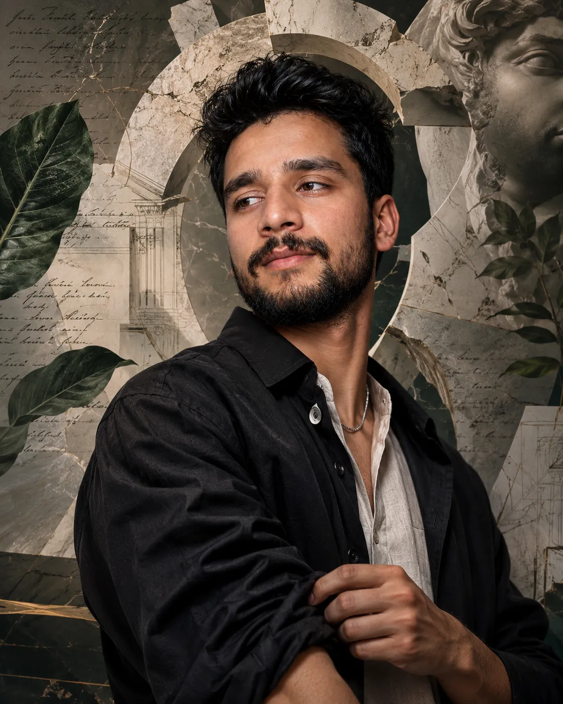 Ultra realistic fashion editorial wallpaper featuring a mysterious handsome young man with naturally messy black way hair, elegant facial